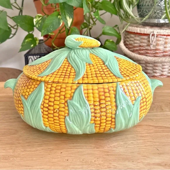 Vintage 1980 Corn Tureen Covered Ceramic Dish Majolica Style Vegetable Server - Picture 4 of 13